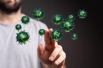 3D render of a hand interacting with a digital coronavirus model, symbolizing the touch of an invisible virus