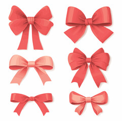 cute red ribbon bow vector illustration set, smooth outline, minimal cartoon style