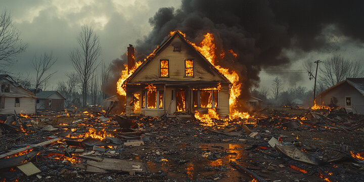 Fire engulfs house in abandoned area during daytime Generative AI