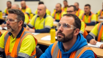 Male worker focuses during safety training in a bright classroom setting