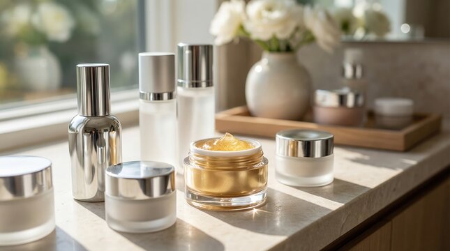 Skincare products displayed on a sunlit countertop, featuring various jars and bottles, highlighting the beauty and elegance of cosmetic facial care with copy space