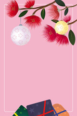 Traditional New Zealand Merry Christmas season greeting card featuring iconic New Zealand's Maori Christmas pohutukawa tree, ornaments and wrapped presents. Pastel pink background with copy space. 