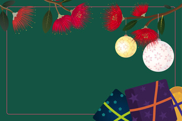 Traditional New Zealand Merry Christmas season greeting card featuring iconic New Zealand's Maori Christmas pohutukawa tree, ornaments and wrapped presents. Emerald green background with copy space. 