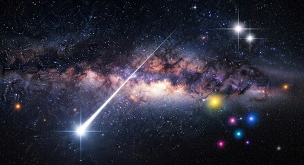 A shooting star streaks across the vast Milky Way galaxy, with colorful planets and stars in the background, creating a celestial spectacle