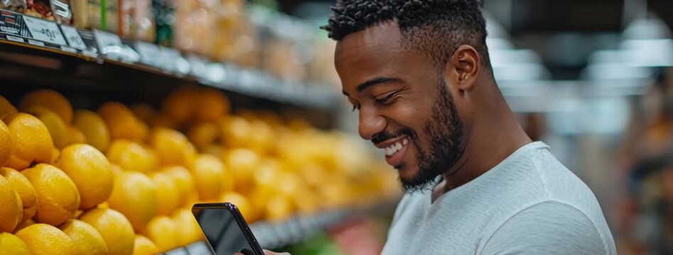 Wide horizontal closeup portrait video of a handsome man looking and reading a shopping list app in her phone with pretty smile and walking through supermarket shelves full of fruits in a grocery stor