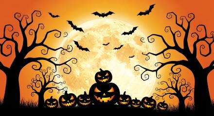 Spooky Halloween Night with Pumpkins, Bats, and a Full Moon in a Haunted Forest
