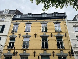 The front of a yellow building