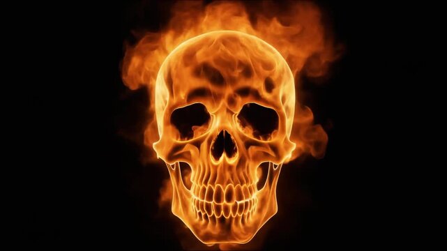 Fiery Skull Illustration with Flames on Black Background.