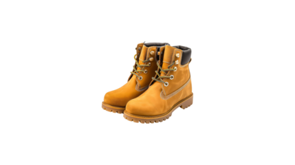 yellow work boots isolated on white background, sturdy leather boots for outdoor and winter use