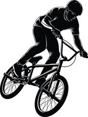Fototapeta premium Silhouette of aBMX cyclist performing a trick on a bicycle with a helmet bike