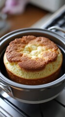 Golden fluffy japanese cheesecake cooling in round pan on kitchen stove