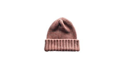 pink knitted beanie hat isolated on white background, cozy winter cap with soft texture