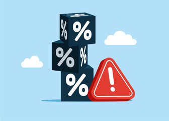 Cube with percentage symbol with exclamation attention sign. Bad interest, financial and mortgage rates. Flat vector illustration