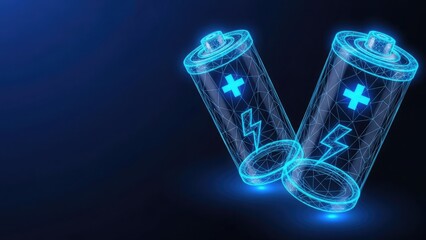 Glowing blue batteries with plus and minus signs on dark background
