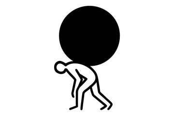 Silhouette of man lifting heavy sphere: strength and perseverance concept in black and white