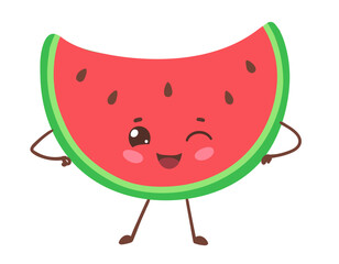 Vector illustration of a cute watermelon slice with a smiling face, pink cheeks, and little arms and legs. Flat isolated cartoon fruit character.