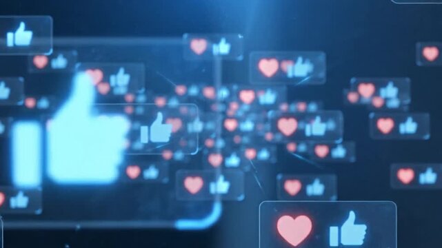 Numerous glowing digital social media heart and thumbs-up reaction icons symbolizing approval and popularity