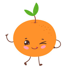 Obraz premium Vector illustration of a cute orange with smiling face, green leaf and wink. Flat isolated fruit object.