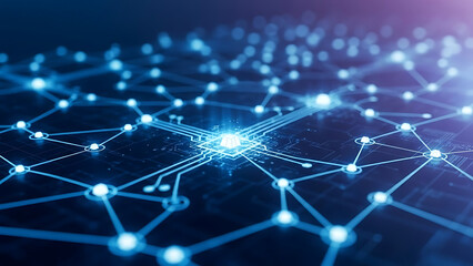 Illustration of futuristic glowing blue network connections on dark background with radiant light