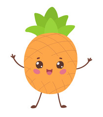 Vector illustration of a cute pineapple with smiling face, pink cheeks, and green spiky leaves. Flat isolated tropical fruit character.