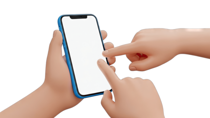 Hands Interacting with Smartphone Screen on White Background