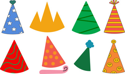 Colorful Party Hat Vector Collection, Festive Birthday and Celebration Icons for Invitations, Sticker Packs and Party Decor