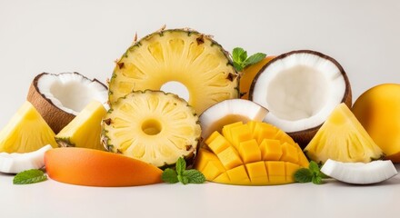 A vibrant assortment of tropical fruits, including pineapple, mango, and coconut, beautifully arranged for a refreshing and healthy display