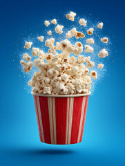 White popcorn pops from a red and white striped container. The background is blue and shows movement as the popcorn leaps out of the bucket. This scene captures a snack moment during a movie night.