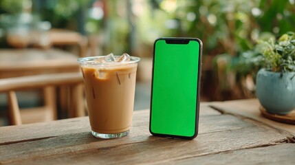 A close-up view presents an iced coffee next to a smartphone with a green screen on a wooden table. The backdrop features greenery