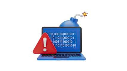 Laptop with Bomb and Warning Sign: Cyber Security Threat