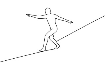 Line art of person balanced on tightrope: simplicity and balance in motion