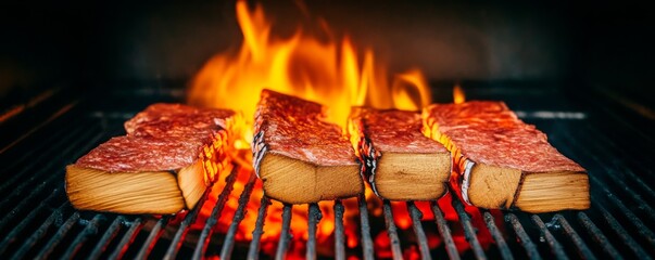 Four Grilled Beef Log Steaks On Fire BBQ, Cooking, Meat