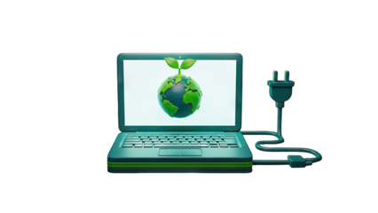 Laptop with Earth and Plant Growing, Connected to Power - Eco Concept