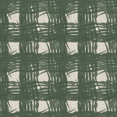 Sage green vector seamless plaid background pattern. Geometric check print in cozy warm colors. Modern brushstroke check blend. Woven print checkered backdrop for textile, web.