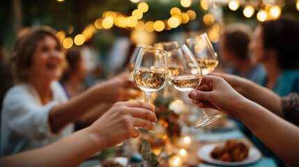 Warm gathering around beautifully set table with faceless friends, laughter and twinkling lights at sunset, defocused social celebration, outdoor dining festivity, golden hour gath