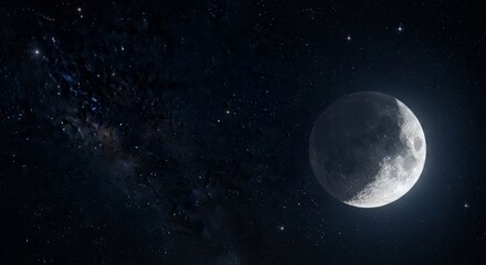A celestial view of the moon and the Milky Way galaxy at night under a starry sky