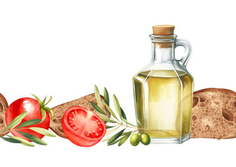 Hand drawn Olive Oil Tomato Bread Seamless Border