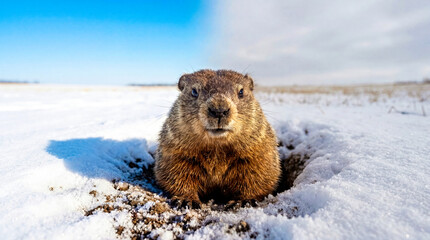 Groundhog Emerging from Burrow, Split Sunny and Overcast Background
