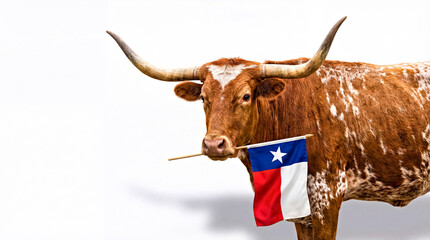 Longhorn Holding Texas Flag in Mouth, Empty White Isolated Background