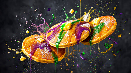 Pancakes and Sparkling Syrups  in Mardi Gras Colors Flying in Mid-Air,  Dark Empty Background