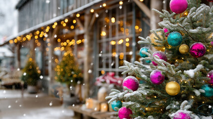 Fototapeta premium Beautifully lit rustic christmas tree stands tall amidst falling snowflakes surrounded vibrant ornaments twinkling lights warm atmosphere, defocused outdoor holiday display, with c