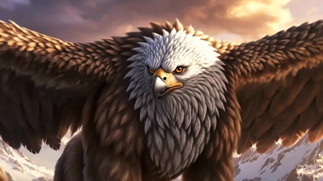 Majestic Griffin Perched on Snowy Mountain Peak at Sunrise.