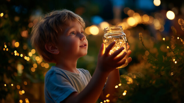 Little faceless boy catching fireflies in jar on warm summer evening surrounded by twinkling lights, defocused childhood wonder, nature exploration, nocturnal insect collection, wi