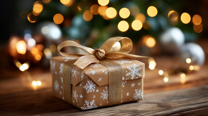 Wrapped gift box with snowflakes rests on wooden surface surrounded by twinkling lights in winter setting, defocused present display, seasonal package, holiday gift visualization, 