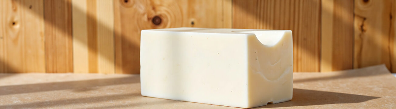 rectangular block white soap sits upright textured brown paper background warm natural wall soft indirect