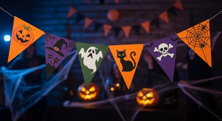 Atmospheric Halloween celebration featuring spooky bunting decorations, glowing jack-o'-lanterns, and festive autumn ambiance for a mysterious and fun night
