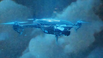 Advanced aerial drone hovering above clouds with glowing navigation systems, autonomous flight technology and modern surveillance operations scene - Powered by Adobe