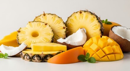 Vibrant and Fresh Tropical Fruit Assortment Featuring Sliced Pineapple, Cubed Mango, and Coconut Pieces on a Bright Background, Highlighting Healthy Eating and Exotic Flavors