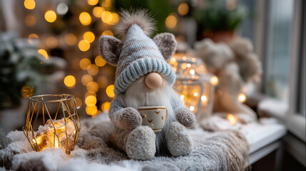 Cozy winter scene featuring charming gnome with cup sitting on snowy bench surrounded by twinkling lights and soft snowfall, defocused festive figurine, holiday decoration, with co