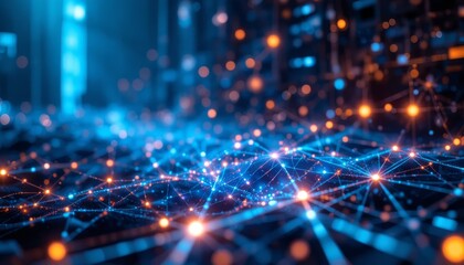 A futuristic technological backdrop including abstract data visualization and flashing digital network links